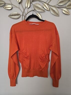 ZARA Bright Orange Silk Crewneck Top With Details Size S